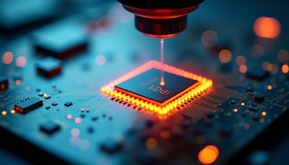 Close-up view of a photonic chip under a microscope