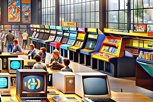 Far angle shot of the inside of an arcade store.