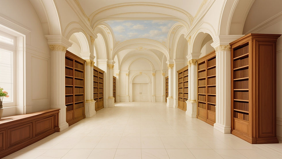 Lange Bibliothek mit Bücherregalen und Säulen