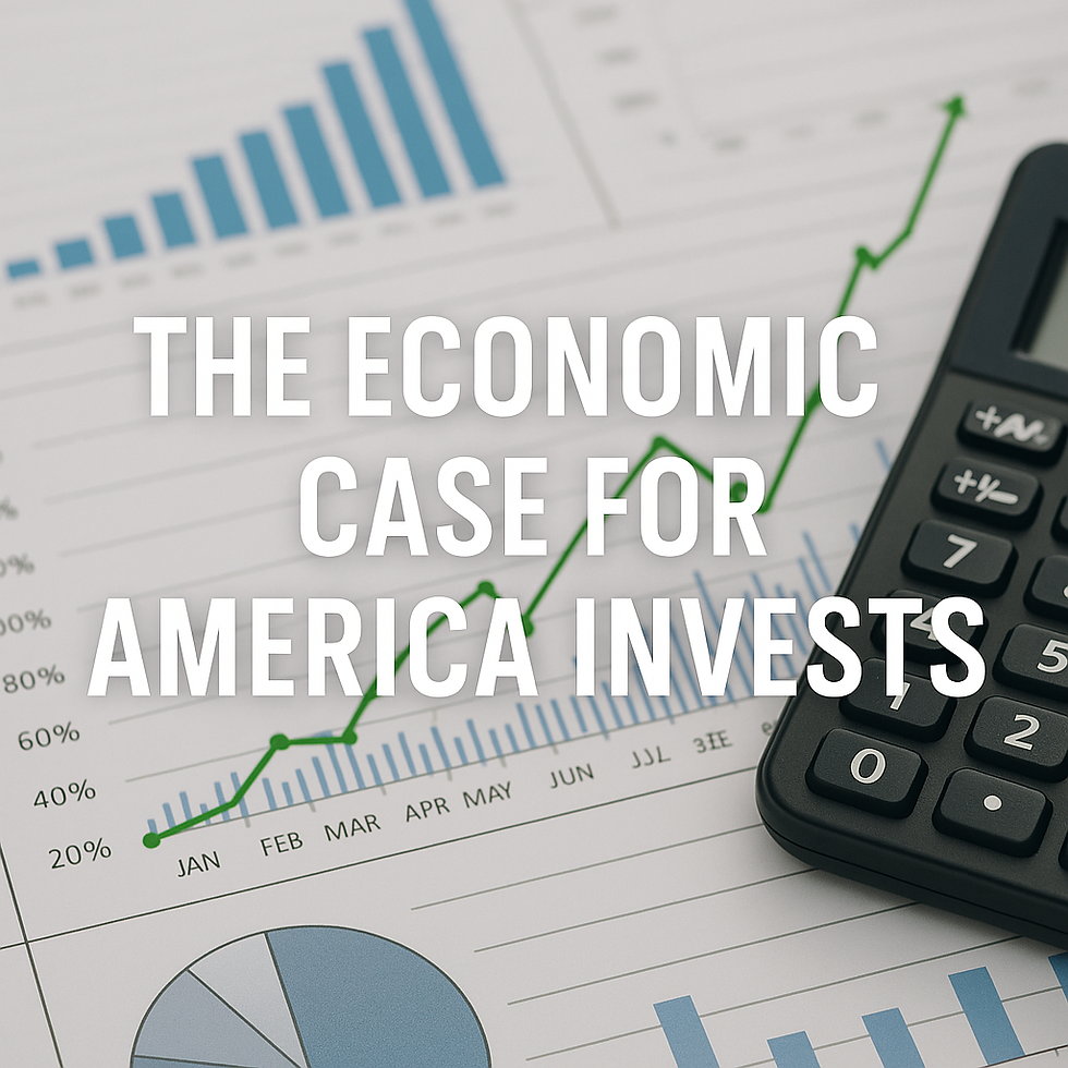 Calculator on financial charts with rising green line. Text: "The Economic Case for America Invests." Blue and gray colors.