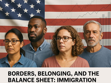 A diverse group of four people—an older white man, a middle-aged white woman, a younger Black man, and a younger Latina woman—stand together in front of a faded American flag overlaid with financial graphs. They face forward with serious, contemplative expressions, representing themes of immigration, identity, and economic inclusion in the context of universal basic income.
