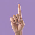 Hand showing the number one with one raised finger on a purple background