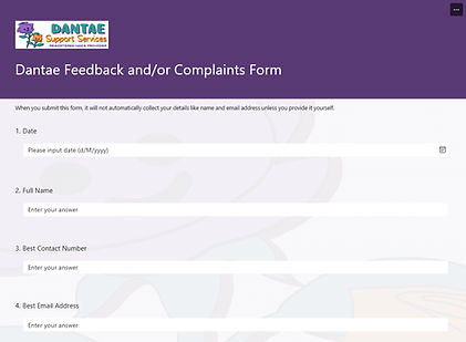 Screenshot of the Dantae Support Services feedback and complaints form with fields for submitting confidential feedback