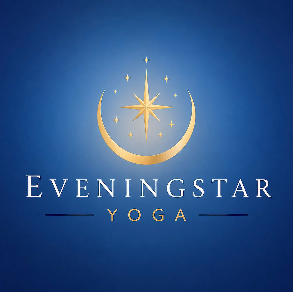 EveningStar Yoga logo with gold crescent moon and star on blue background