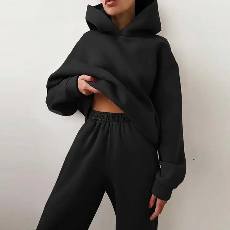 Thumbnail: Fleece Hooded Tracksuit Set Solid Color Two Piece Hoodie Pants Winter Outfit