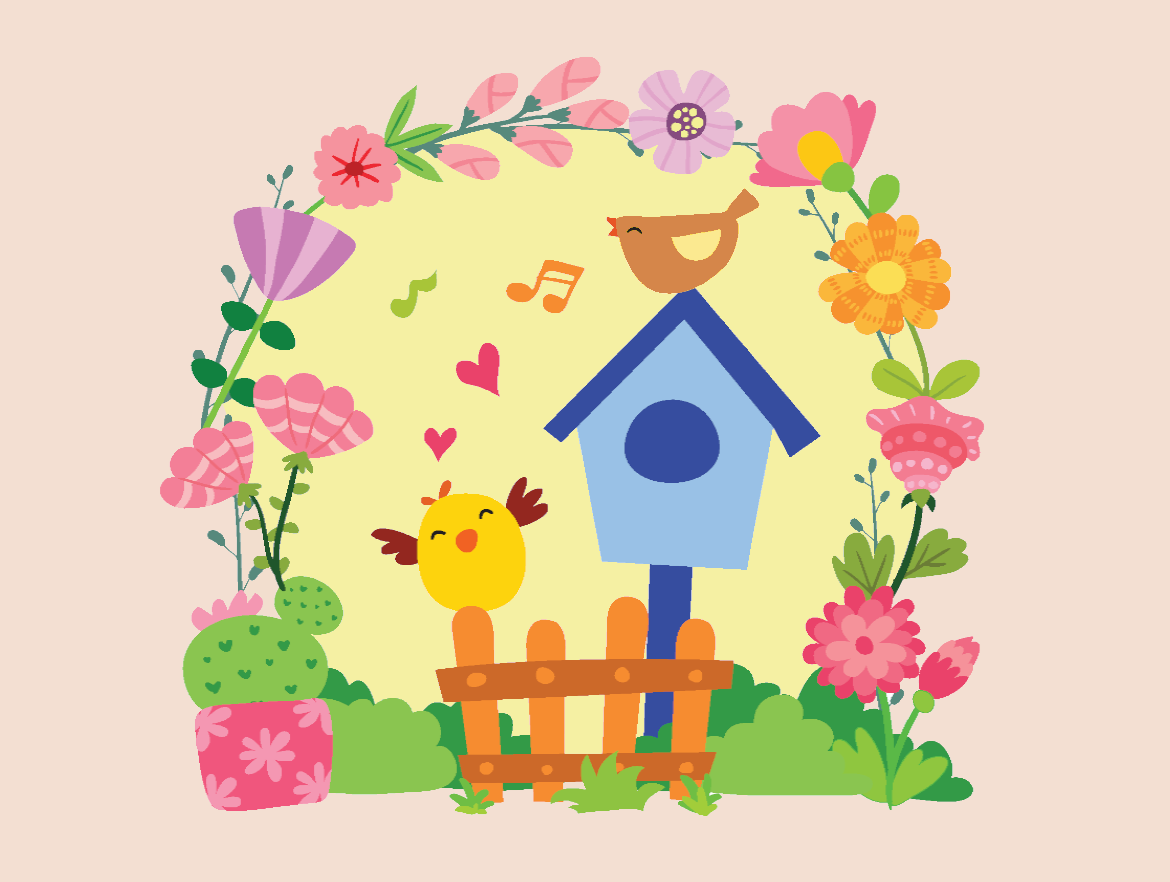 Postkarte - Fröhliche Vögel und Blumen