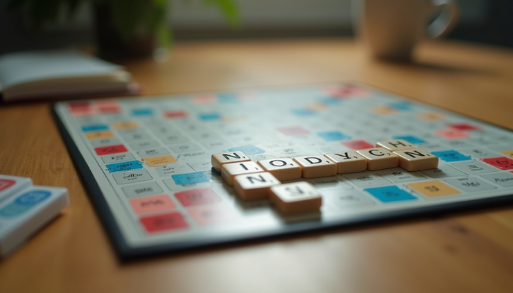 Eye-level view of a Scrabble board set up on a wooden table with tiles ready for play