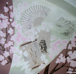 Japanese cherry tree blossoms, ancient scrolls, bamboo, japanese palace, japanese fan, landscape - abstract mural by Tamara Hergert - mural artist seattle