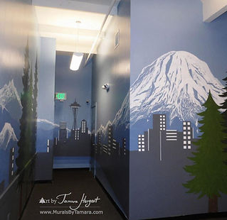 Bellevue - Seattle skyline, citiscape, Mount Rainier, Bel-Red Autolicense office mural by Tamara Hergert - Seattle mural artist