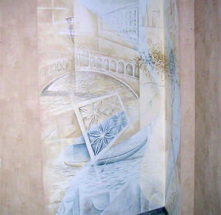 Romantic Venice Italy, Rialto bridge, gondolla, tree - abstract mural by Tamara Hergert - mural artist seattle