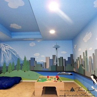 Space Needle Seattle skyline and citiscape Elliot bay, orca, ferry, trees - amazing kids playroom mural by Tamara Hergert - mural artist seattle