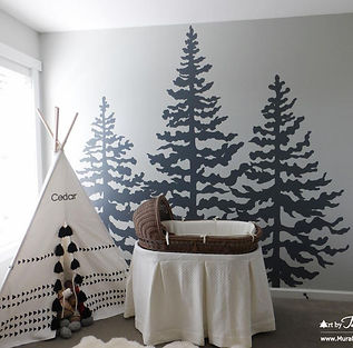 Stencil looking fir (cedar) trees mural by Tamara Hergert - mural artist in Seattle