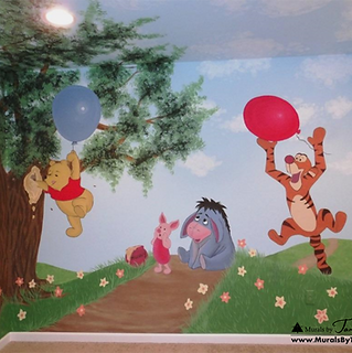 Winnie the pooh, 100 acre wood, trees in the corner, clouds on the ceiling kid's room mural by Tamara Hergert - mural artist seattle
