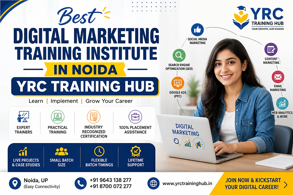 Best Digital Marketing Training Institute in Noida - YRC Training Hub banner showcasing SEO, Google Ads, Social Media Marketing, AI tools, expert trainers, live projects, certification, and placement assistance.