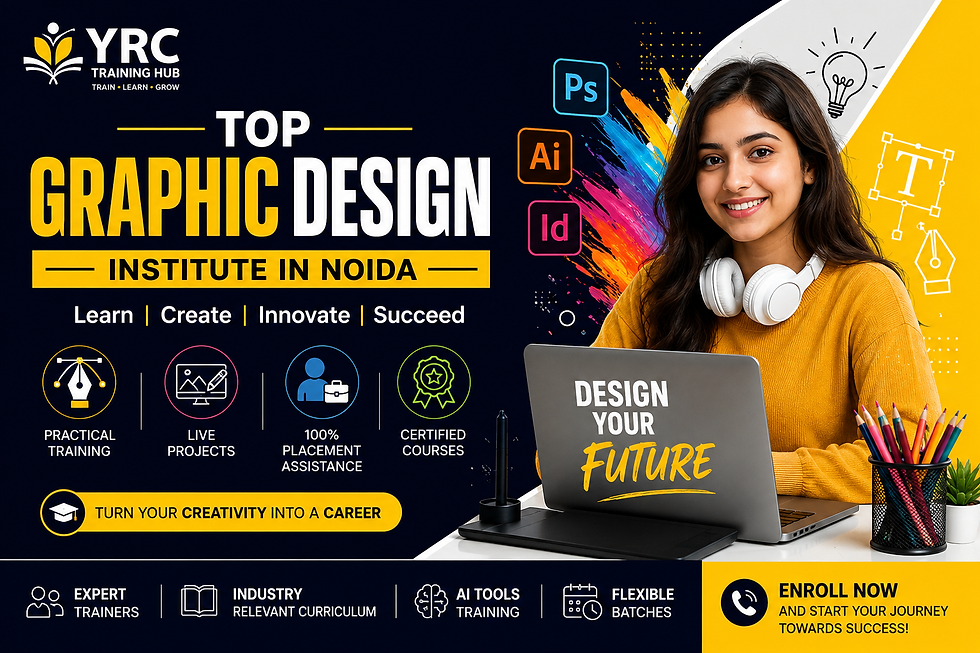 YRC Training Hub – Top Graphic Design Institute in Noida offering practical graphic design training, live projects, AI-powered design tools, portfolio development, and placement assistance.
