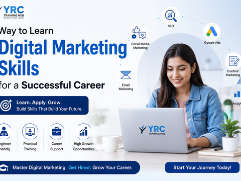 YRC Training Hub digital marketing training poster showing a student learning digital marketing skills with SEO, Google Ads, social media marketing, content marketing, email marketing, and analytics.