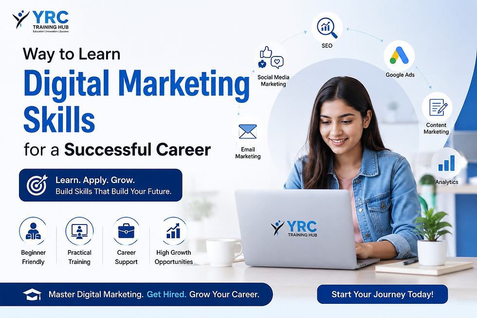 YRC Training Hub digital marketing training poster showing a student learning digital marketing skills with SEO, Google Ads, social media marketing, content marketing, email marketing, and analytics.