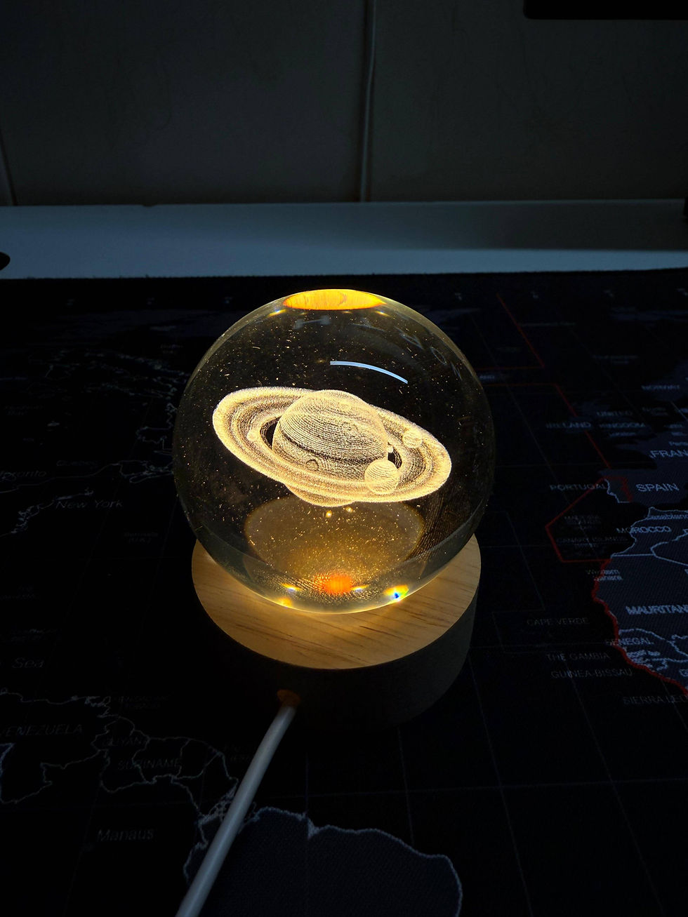 3D Galaxy Crystal Ball Night Light | Dimmable Engraved LED Glass Ball Table Lamp with USB and Wooden Base for Home Decor, Office, Birthday Gift & Kids Bedroom (Saturn)