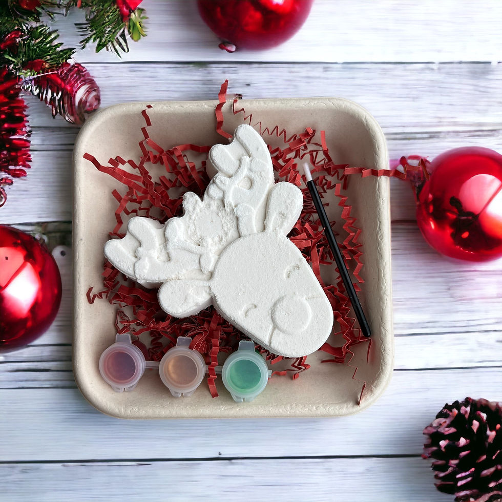 A reindeer bath bomb painting kit with paints, a mini paint brush in a tray.