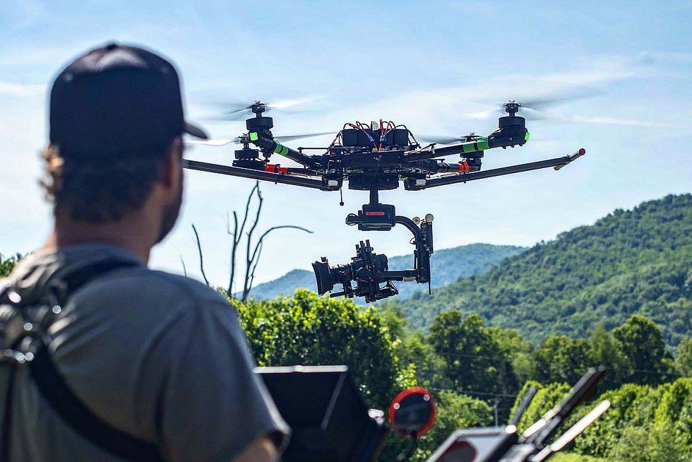 Wide angle view of a drone flying over a cityscape