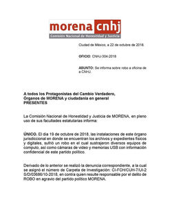 Reportan robo en oficinas de Morena