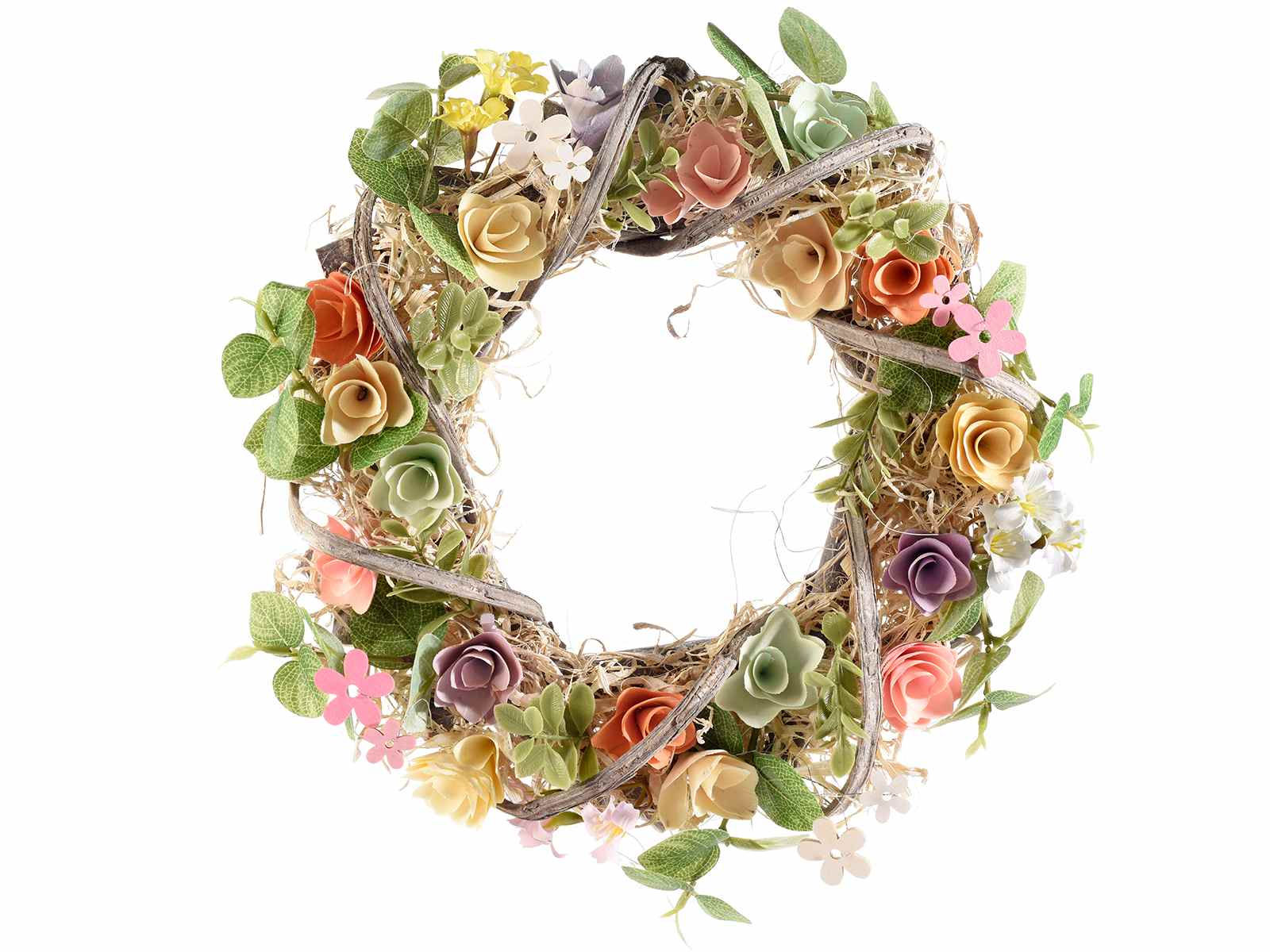 Couronne Décorative en Bois et Fleurs Colorées