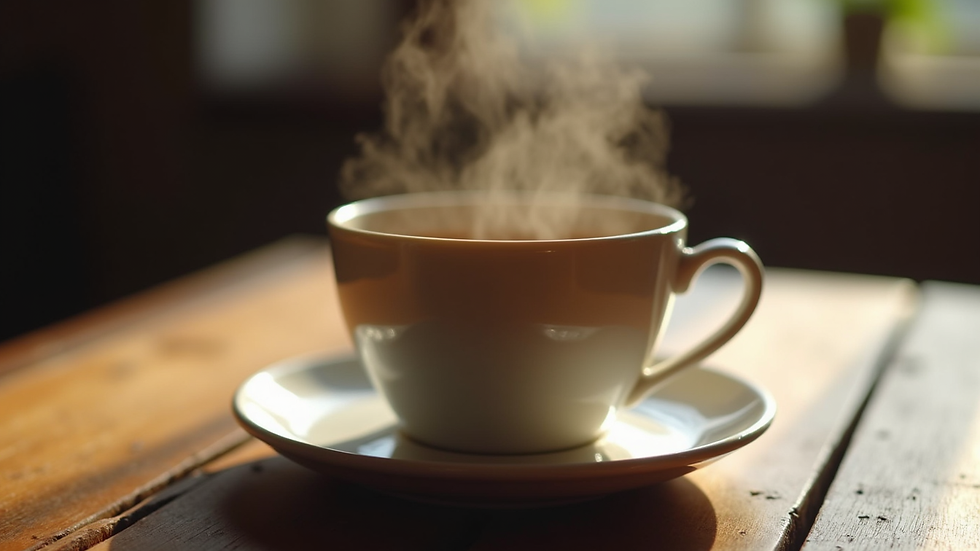 Close-up view of a steaming cup of tea on a rustic wooden table