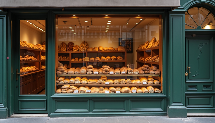 Eye-level view of a classic Parisian boulangerie storefront with fresh bread displayed