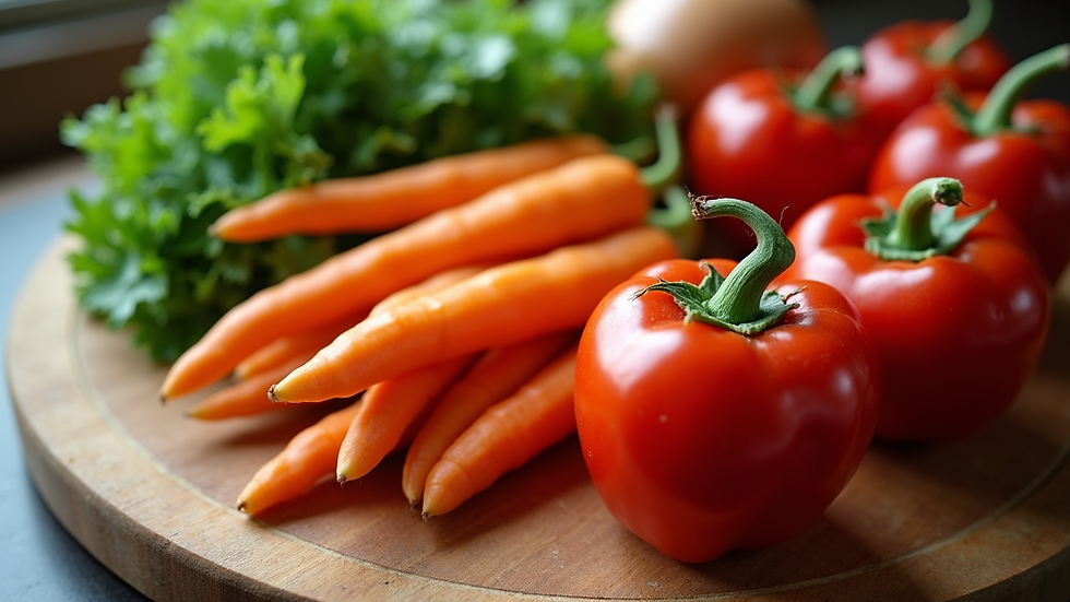 High angle view of colorful vegetables arranged on a wooden cutting board