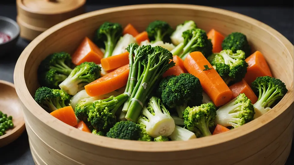 Steamed vegetables displayed in a bamboo steamer