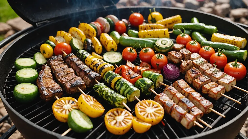 An assortment of grilled vegetables and meats on a barbecue grill