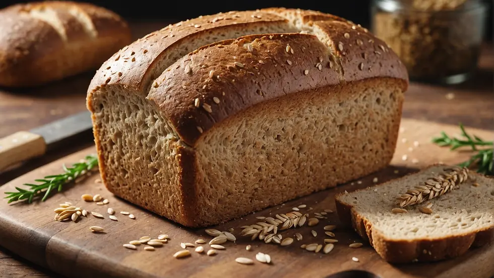 A freshly baked loaf of whole grain bread on a wooden cutting board