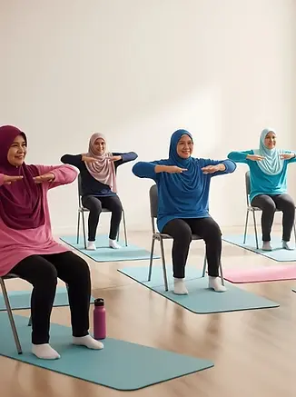 Smiling senior women, appearing to be Muslim due to their hijabs, participate in a chair-based fitness class in a bright studio, highlighting a safe and supportive atmosphere.