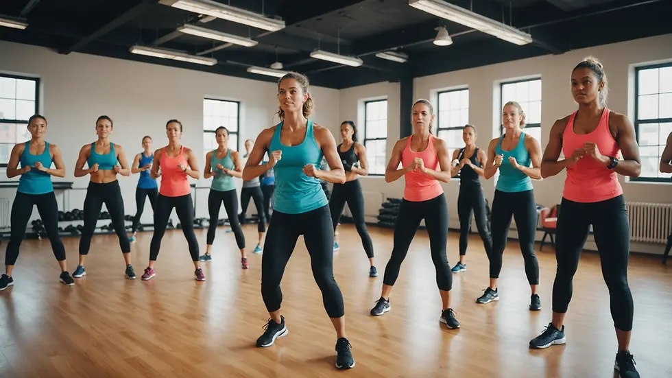 Wide-angle view of enthusiastic individuals participating in a fitness class