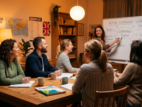Clase de inglés, grupo de alumnos charlando de forma acogedora 
