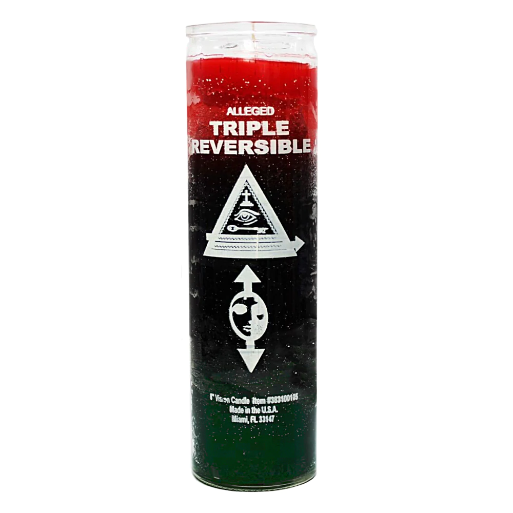 Triple reversible 7-day candle in black, red, and green for protection and reversal spells