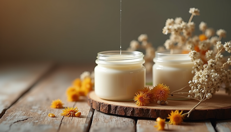 Eye-level view of herbal skincare jars and dried flowers on a rustic wooden table