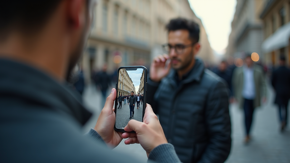 Eye-level view of a journalist reporting news on a smartphone