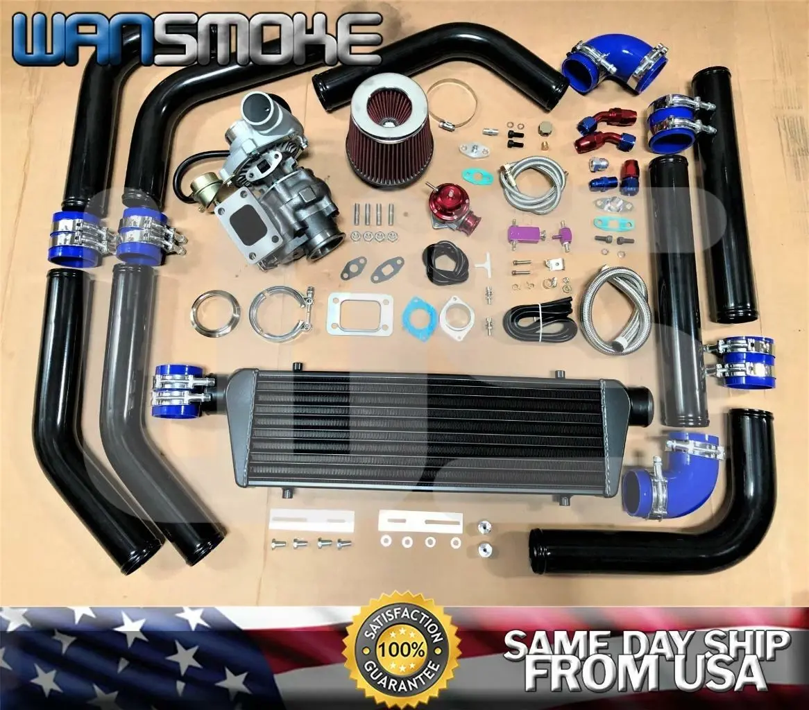 T3/T4 TURBO CHARGER KIT AR.63 V-BAND 25PSI UNIVERSAL INTERCOOLER +BOV+CLAMP BKBL