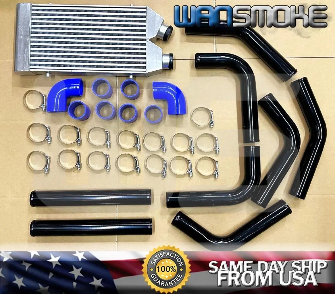 2.5" I/O Same One Side Intercooler +8PC Intake Piping Kit+Coupler Clamp Blue