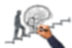 Person walking up stairs with a brain in the background, symbolizing growth and knowledge