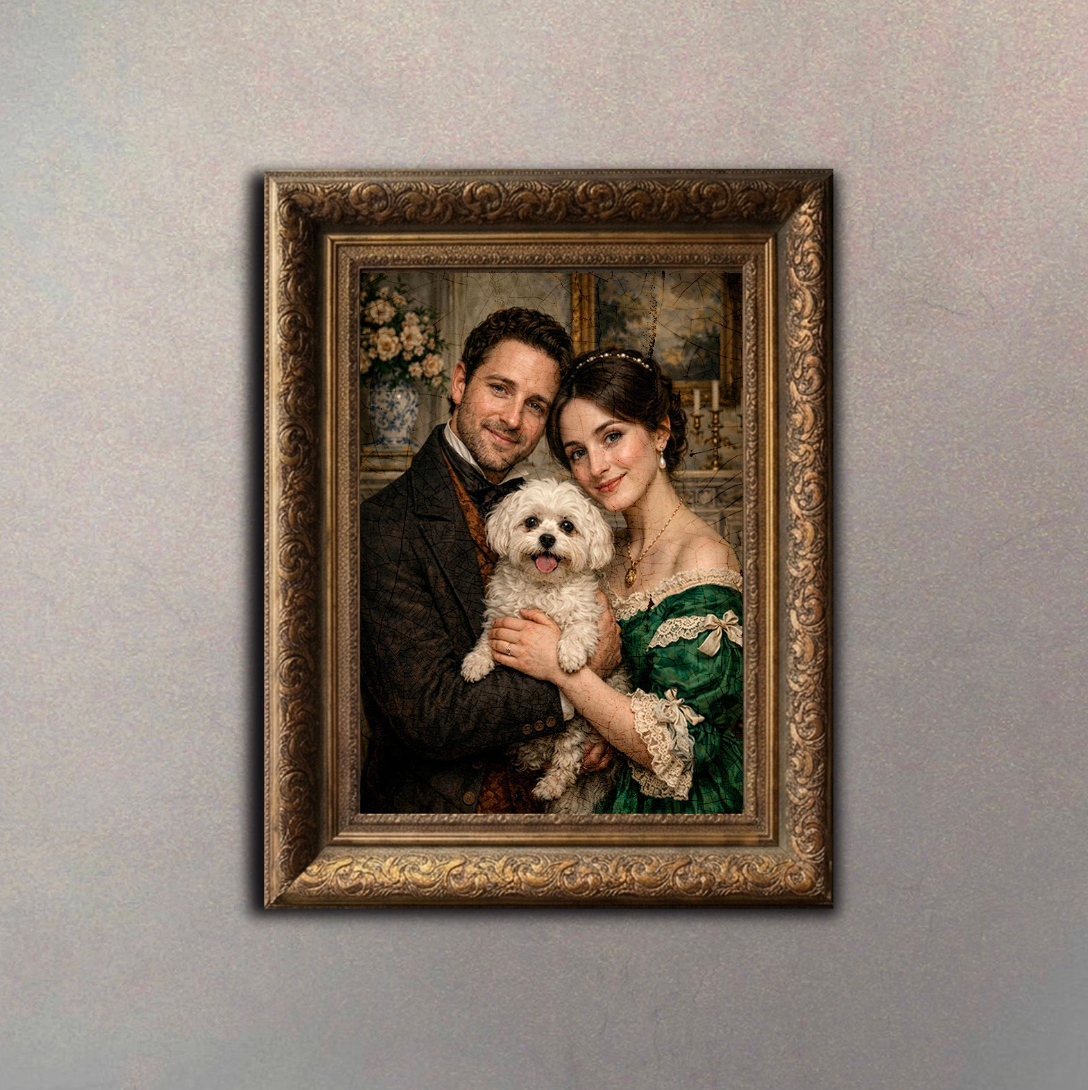 Retrato de época de pareja con perro pequeño