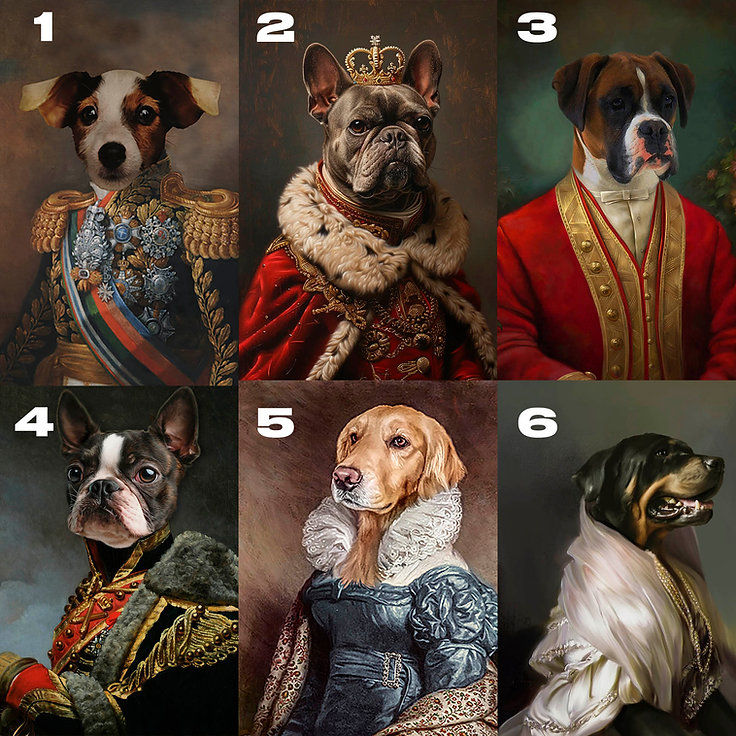 Miniatura: Seis retratos victorianos de perros con trajes históricos