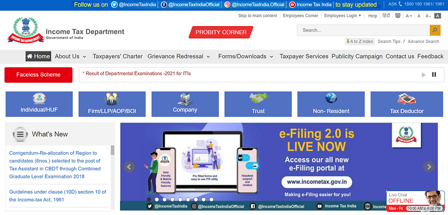 Old Landing Page of Income Tax Department