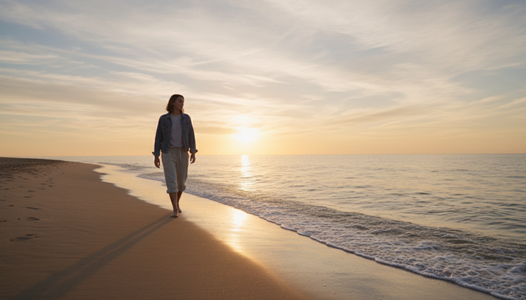 Low-angle view of a person walking alone along a quiet shoreline at sunrise