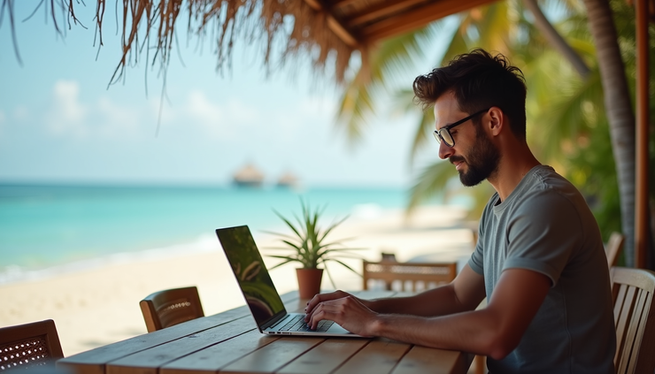 Eye-level view of a laptop and coffee cup on a wooden table overlooking a tropical beach