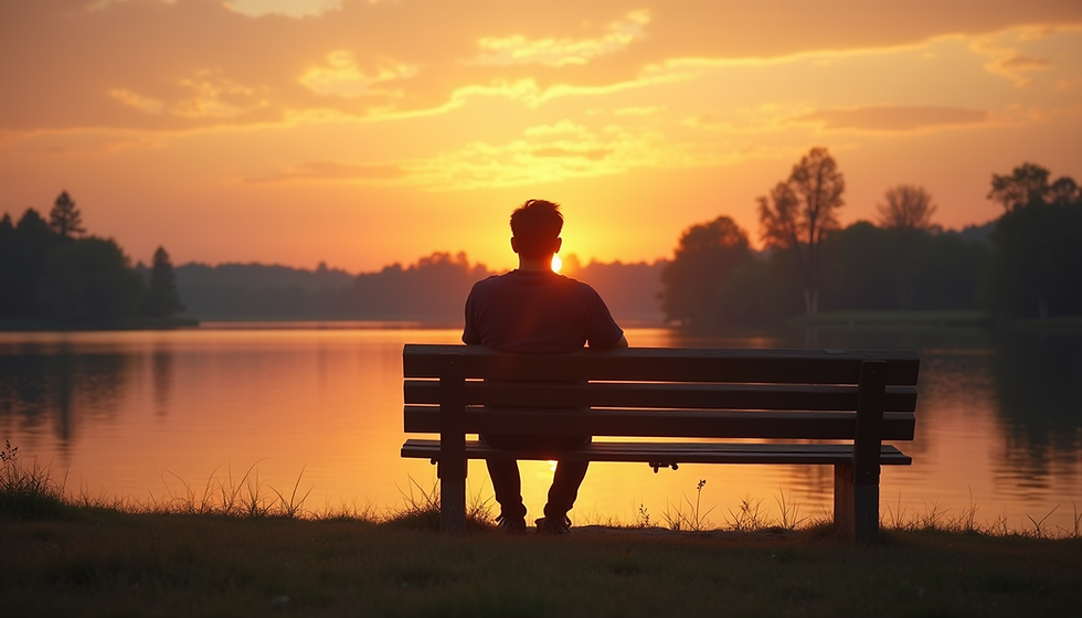 Eye-level view of a person sitting on a bench looking at a sunset over a calm lake