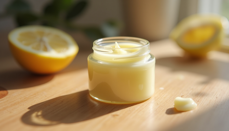 Close-up view of a small jar of Vaseline on a wooden surface