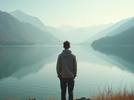 Eye-level view of a person looking thoughtfully at a calm lake reflecting the sky
