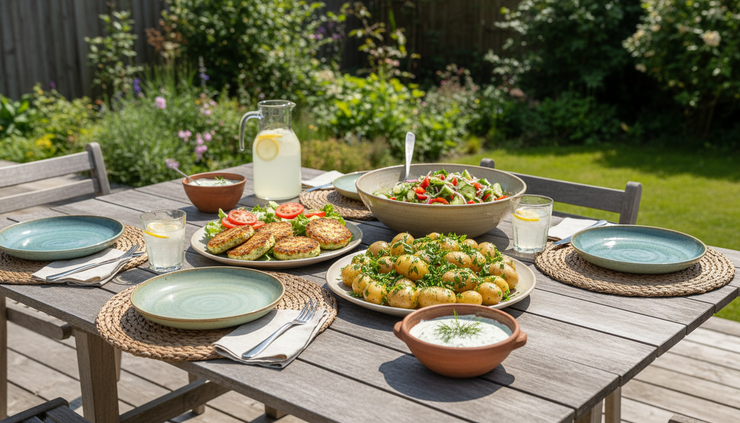 Wide-angle view of a summer table with zucchini and tuna burgers, potatoes, salad, and parsley sauce.